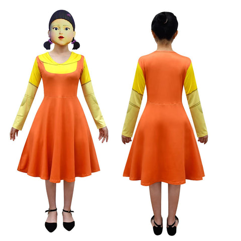 Image of PashaLs Girl Doll Costume - Red/Green Light Game Costume Dress for Girls,Role Playing Orange Dress with Mask