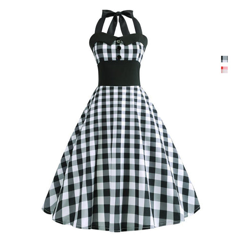 Image of Halter Grid 50s Hepburn Vintage Dress - Itopfox