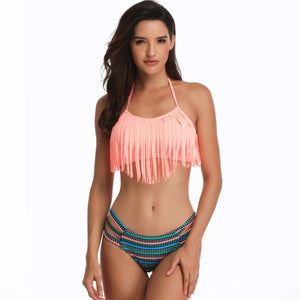 Halter Tassel Layered Bikini Set - Itopfox