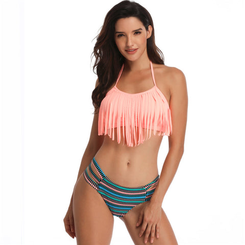 Image of Halter Tassel Layered Bikini Set - Itopfox