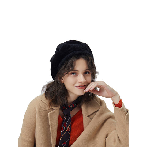 Image of Peaked Beret Hat With Faux Wool - Itopfox