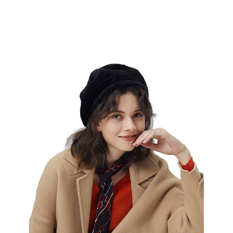 Peaked Beret Hat With Faux Wool - Itopfox