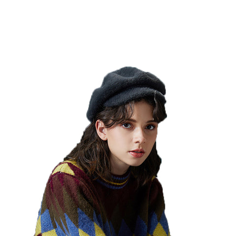 Image of Peaked Beret Hat With Faux Wool - Itopfox