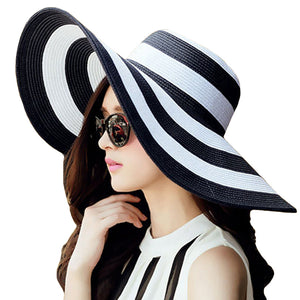 Striped Big Brim Straw Sun Hat - Itopfox