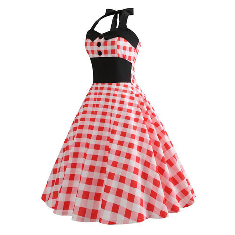 Image of Halter Grid 50s Hepburn Vintage Dress - Itopfox