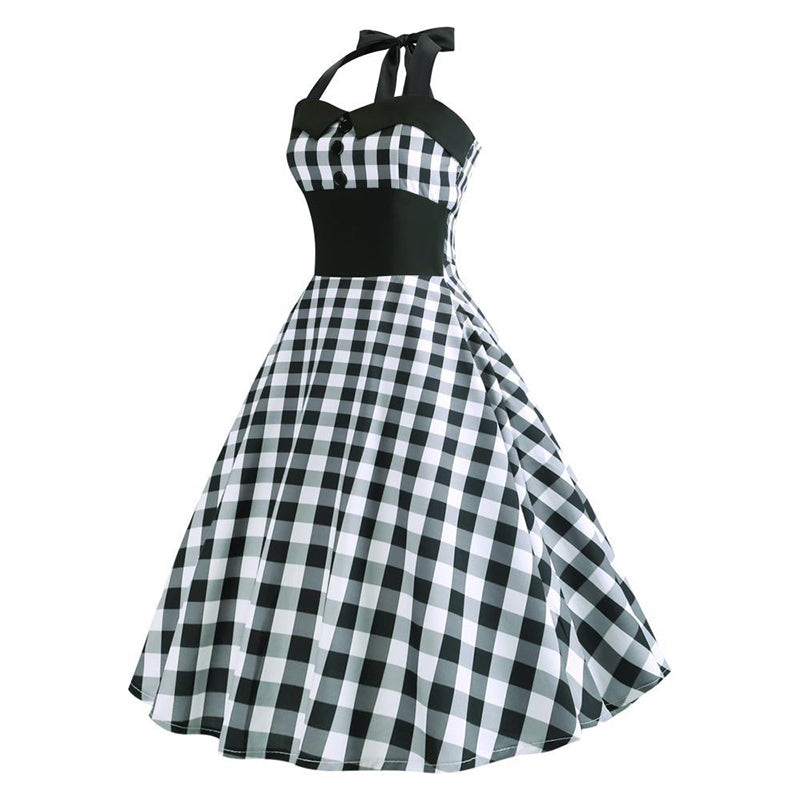 Halter Grid 50s Hepburn Vintage Dress - Itopfox