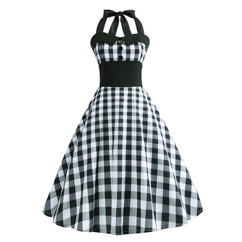 Halter Grid 50s Hepburn Vintage Dress - Itopfox