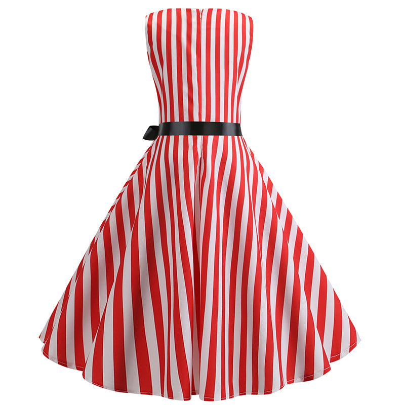 Bowknot Ribbon Striped Hepburn Dress - Itopfox
