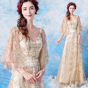 V-Neck Flare Sleeve Prom Dress - Itopfox