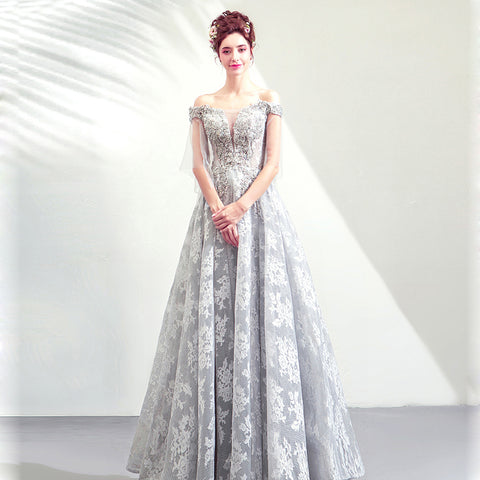Image of Boat Neck Beadings Maxi Prom Dress - Itopfox