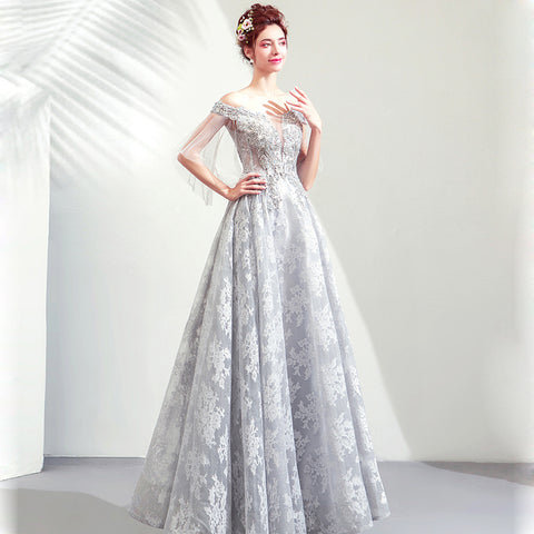 Image of Boat Neck Beadings Maxi Prom Dress - Itopfox