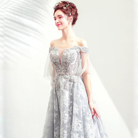 Image of Boat Neck Beadings Maxi Prom Dress - Itopfox