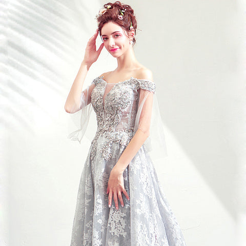 Image of Boat Neck Beadings Maxi Prom Dress - Itopfox