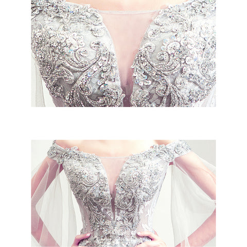 Image of Boat Neck Beadings Maxi Prom Dress - Itopfox