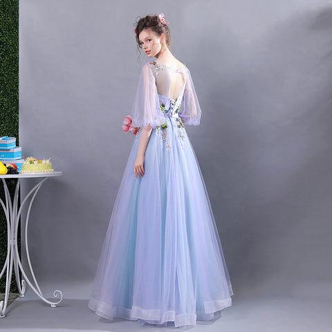 Half Sleeve Flower Decoration Prom Dress - Itopfox