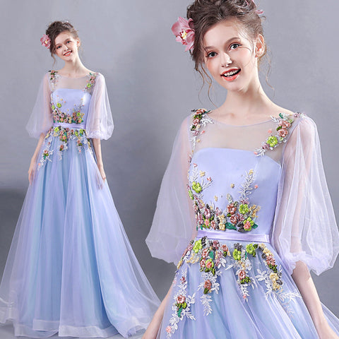 Half Sleeve Flower Decoration Prom Dress - Itopfox