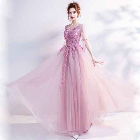 V-Neck Half Sleeve Prom Dress - Itopfox