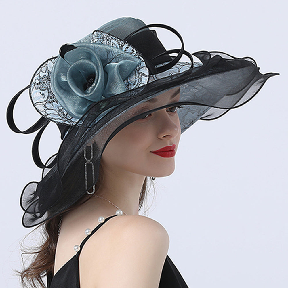 Gauze Flower Wide Brim Organza Hat