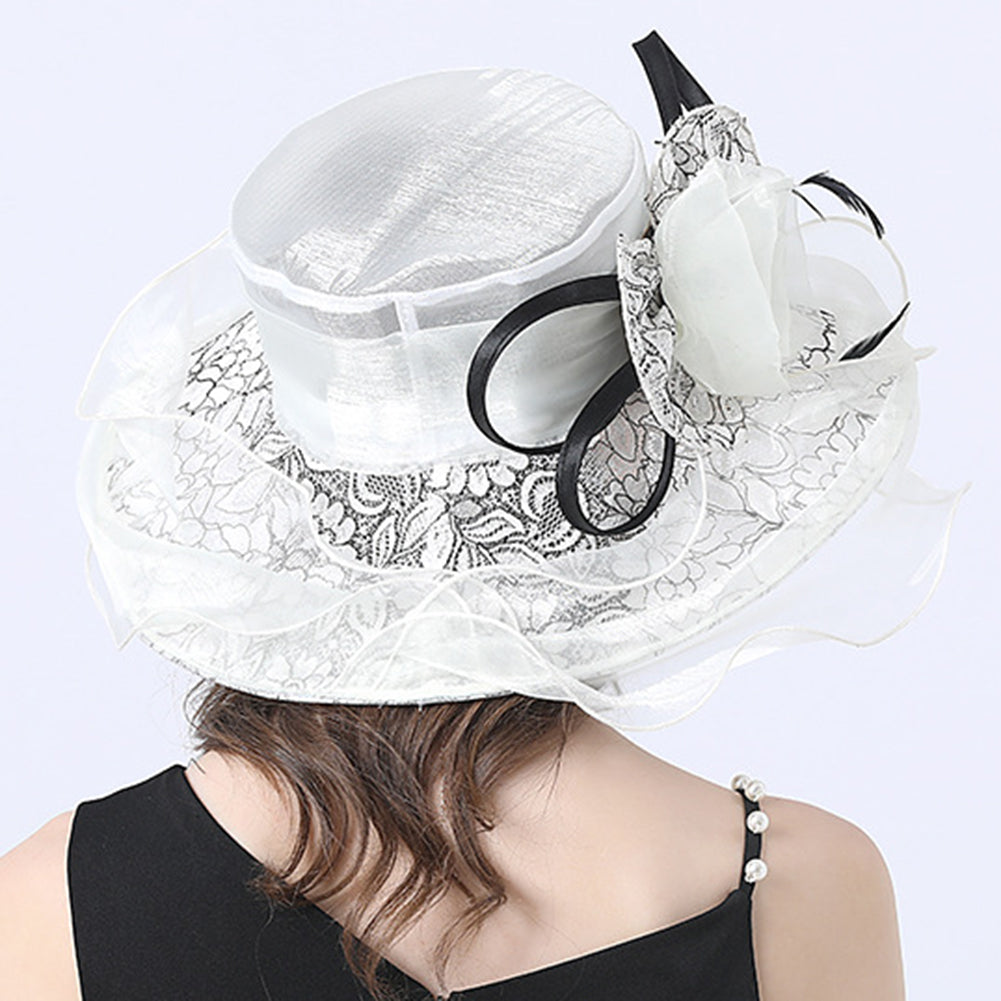 Gauze Flower Wide Brim Organza Hat
