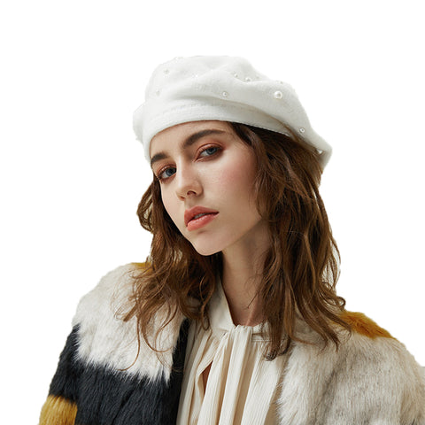 Image of Faux Cony Hair Pearl Beret Hat - Itopfox